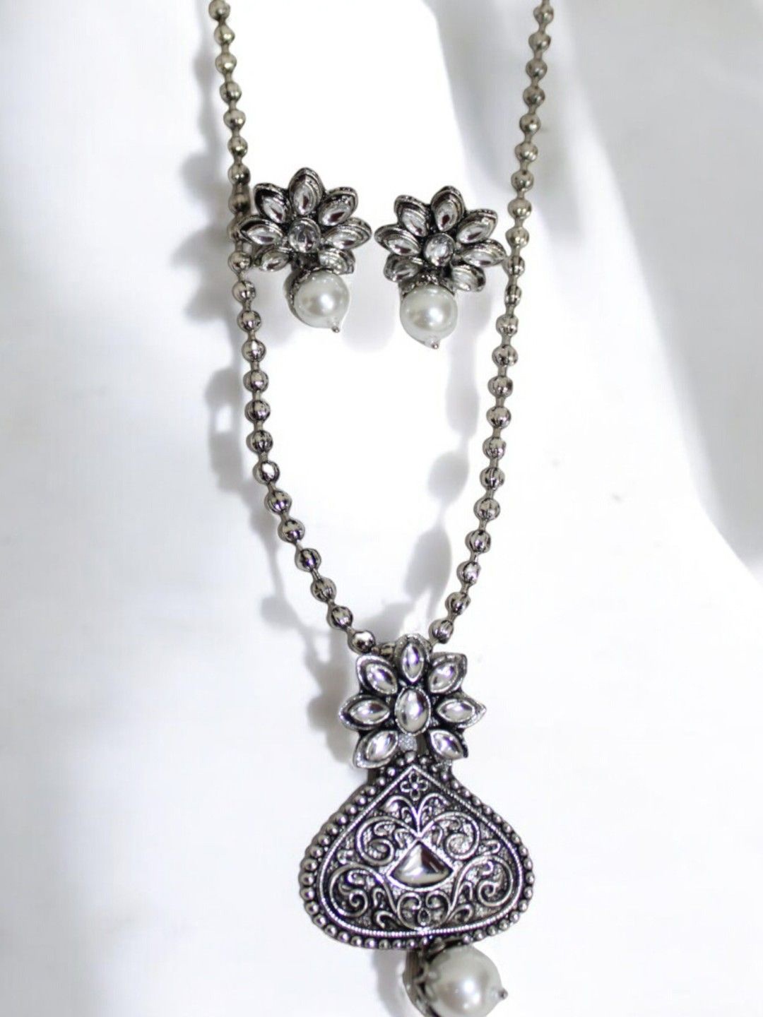 

Jolly Faces Stones-Studded & Pearl Beaded Oxidized Jewellery Set, Silver