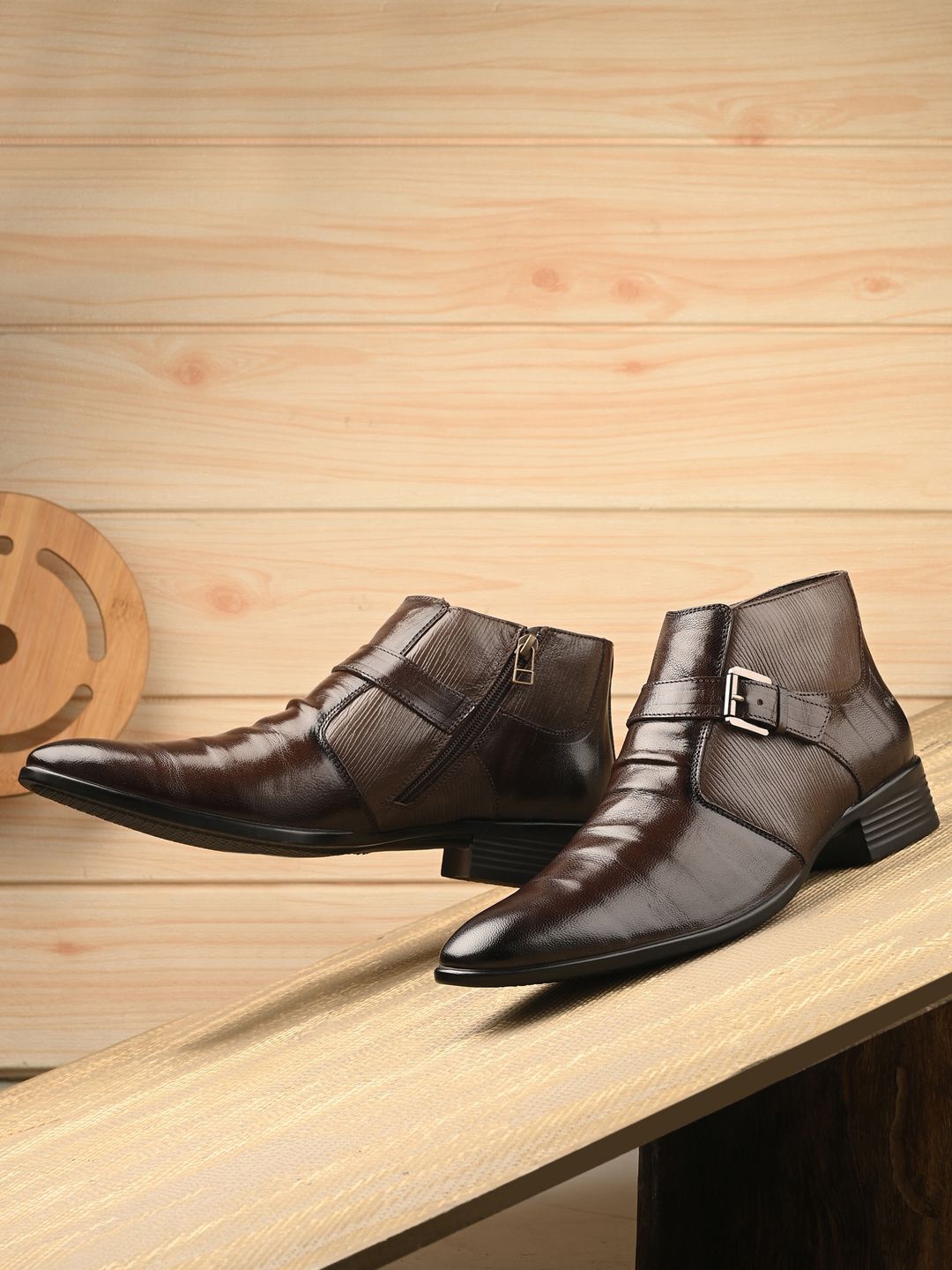 

Valentino Men Zipper Leather Block Heel Ankle Boots, Brown