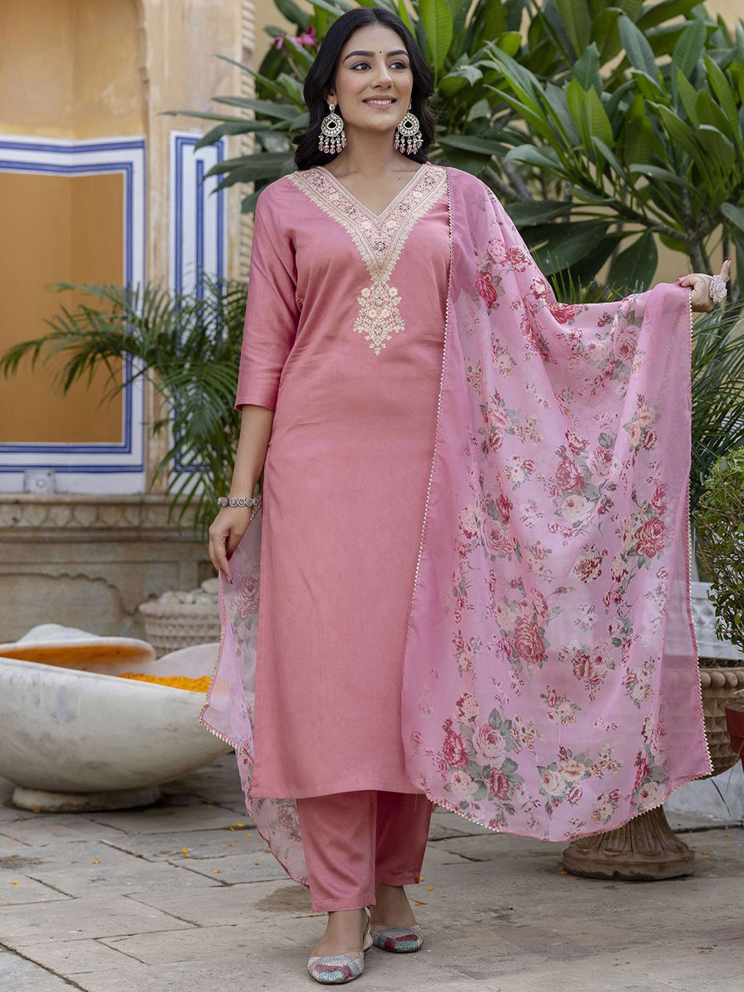 

Navlik Floral Embroidered Chanderi Cotton V-Neck Straight Kurta With Trousers And Dupatta, Pink
