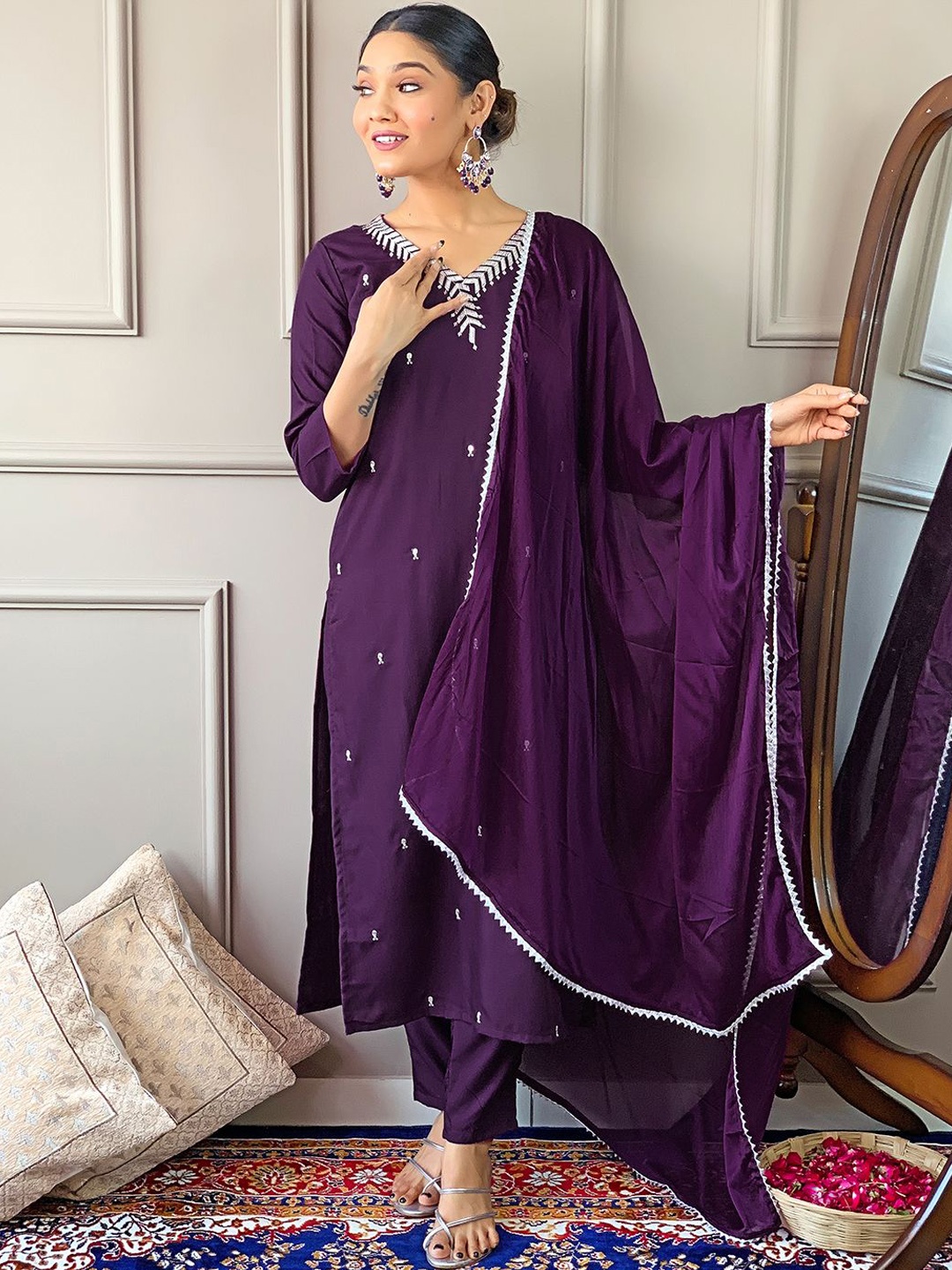 

Navlik Floral Embroidered V-Neck Straight Kurta with Trousers And Dupatta, Purple