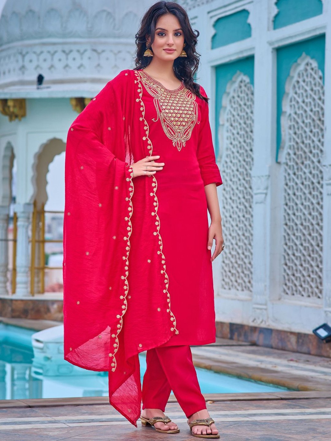

Navlik Floral Embroidered Chanderi Cotton U-Neck Straight Kurta With Trousers And Dupatta, Red