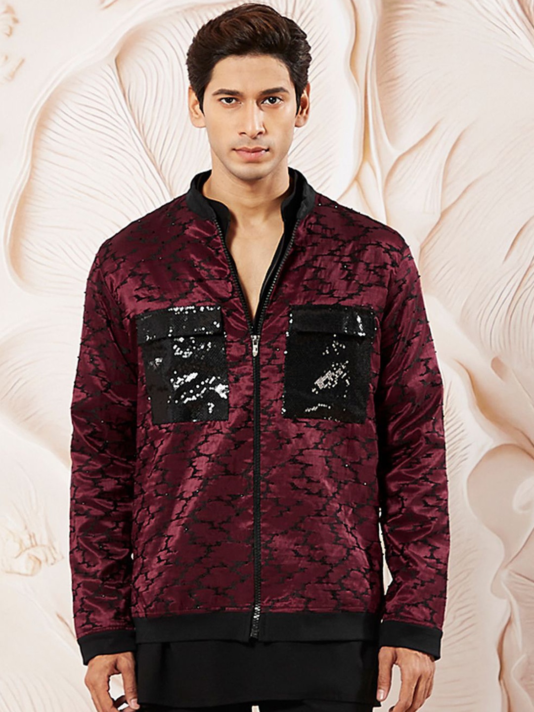 

VASTRAMAY Men Mock Collar Self Design Casual Bomber Lightweight Jacket, Purple