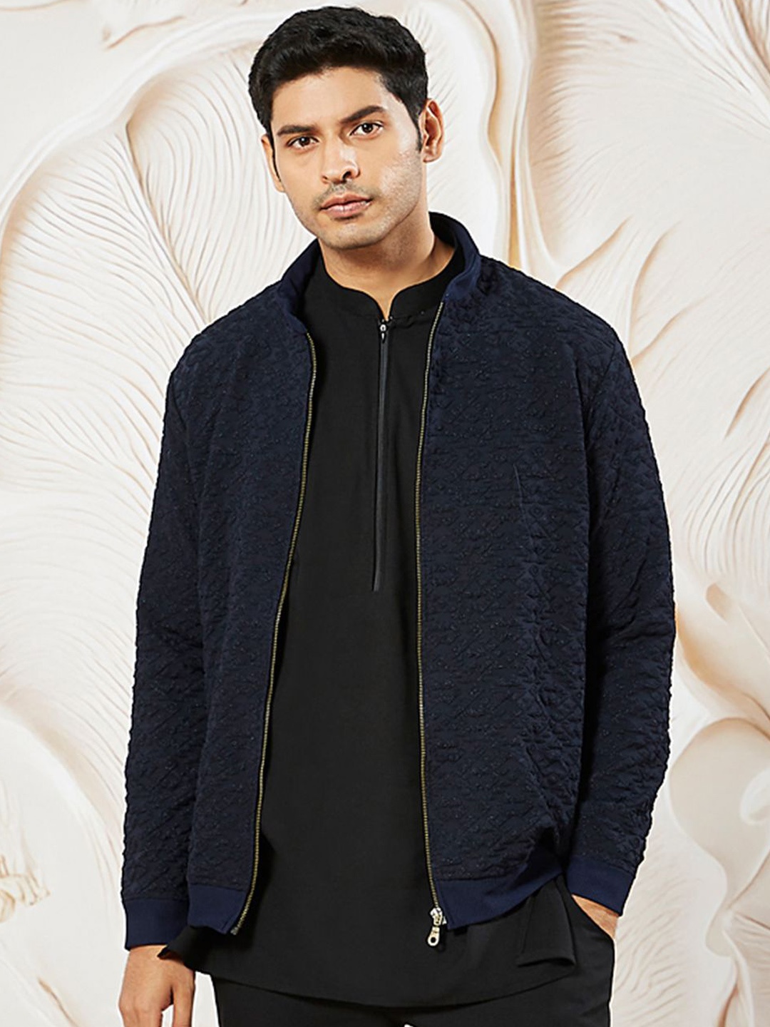 

VASTRAMAY Men Stand Collar Self Design Casual Bomber Lightweight Jacket, Navy blue
