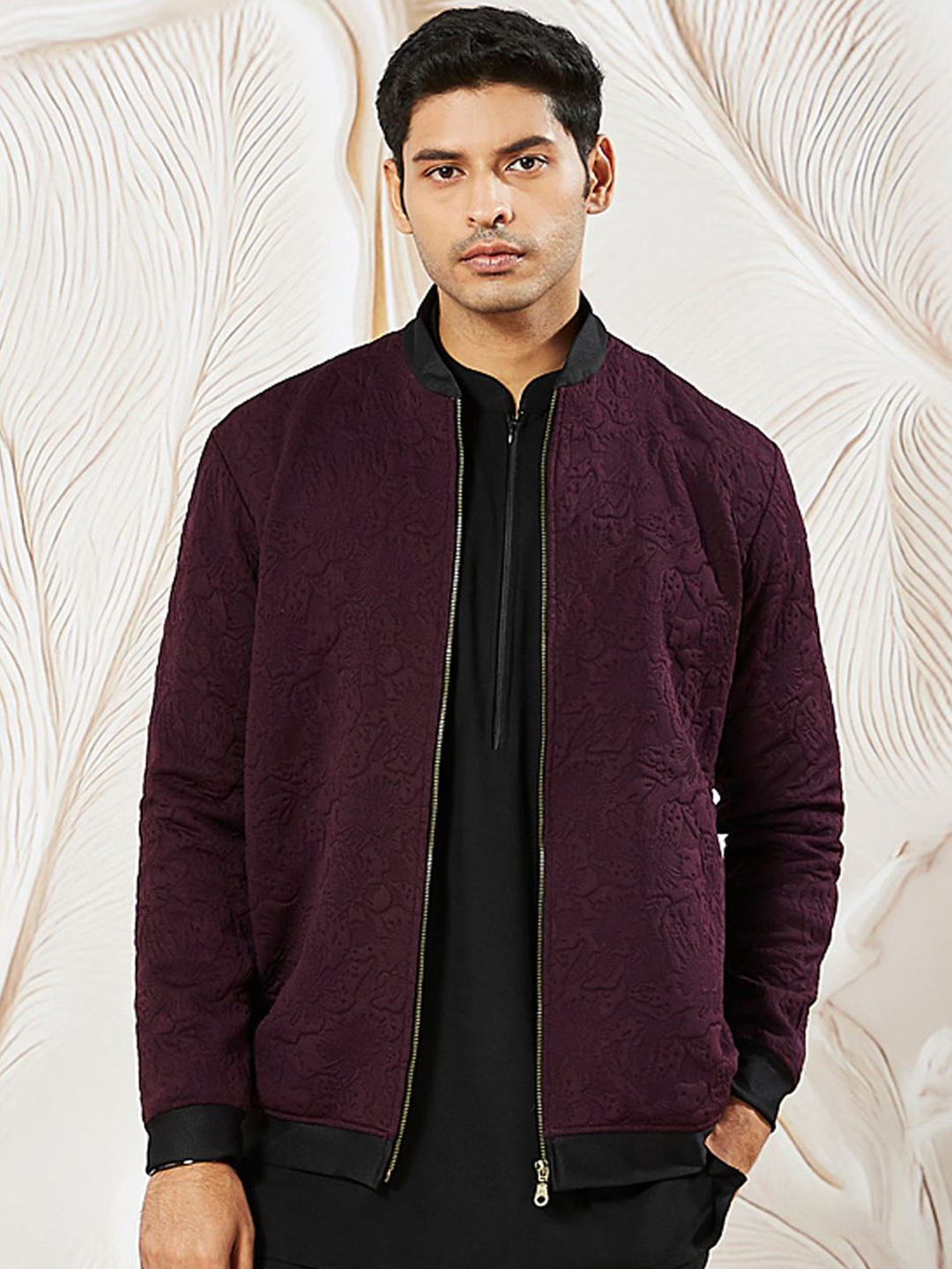 

VASTRAMAY Men Stand Collar Self Design Casual Bomber Lightweight Jacket, Purple