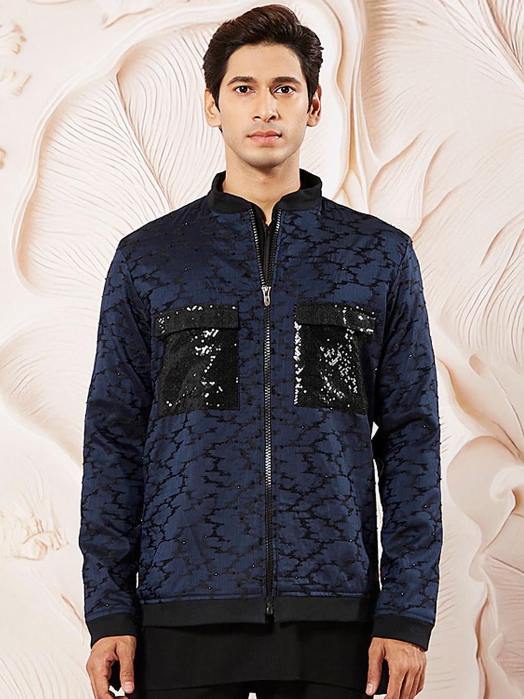 

VASTRAMAY Men Mock Collar Self Design Casual Bomber Lightweight Jacket, Navy blue