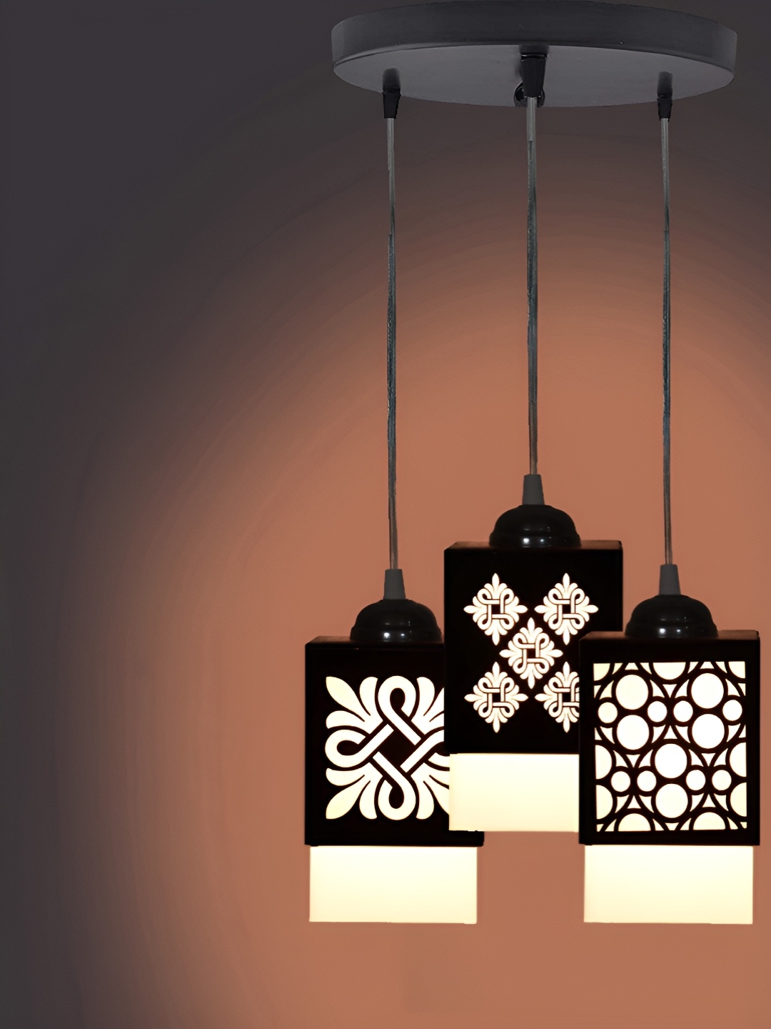 

Gojeeva Black & White 3 Pieces Textured Square Shaped Wooden Hanging Wall Lamps