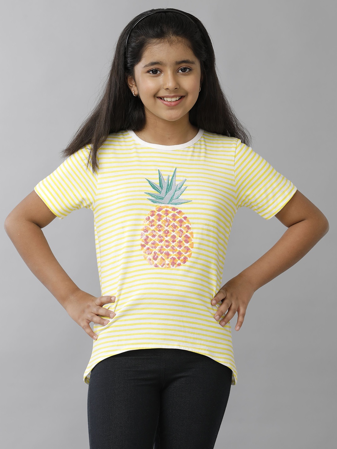 

UNDER FOURTEEN ONLY Girls Striped Round Neck Cotton T-shirt, Yellow