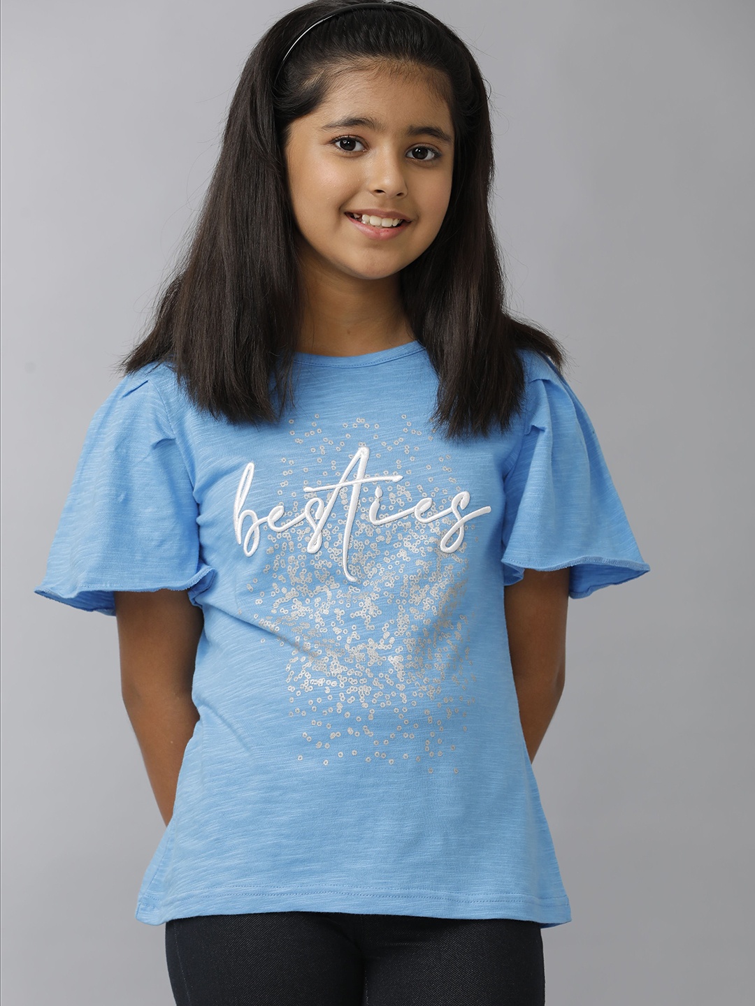 

UNDER FOURTEEN ONLY Girls Typography Printed Round Neck Cotton T-shirt, Blue