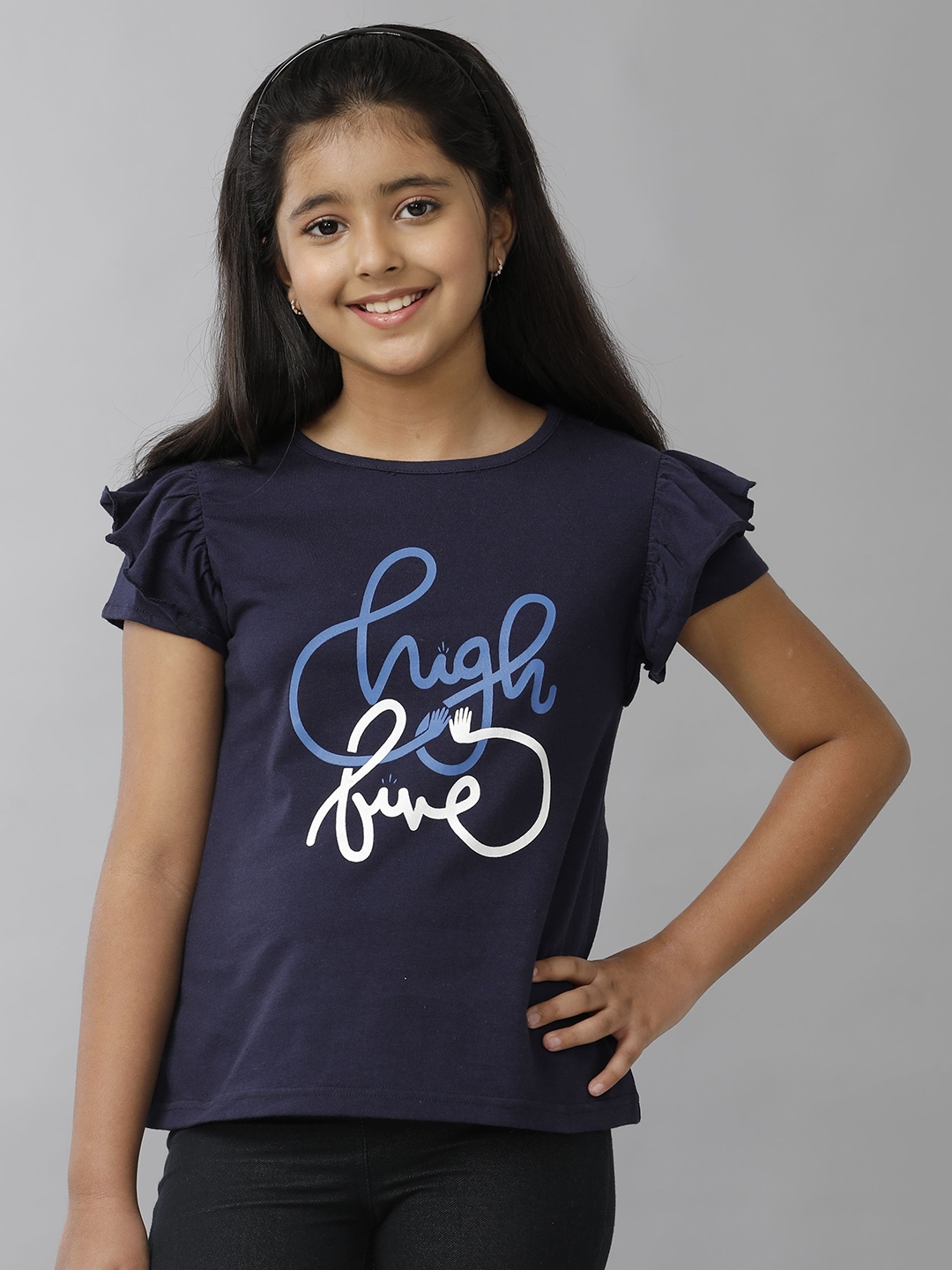 

UNDER FOURTEEN ONLY Girls Typography Printed Round Neck Cotton T-shirt, Navy blue