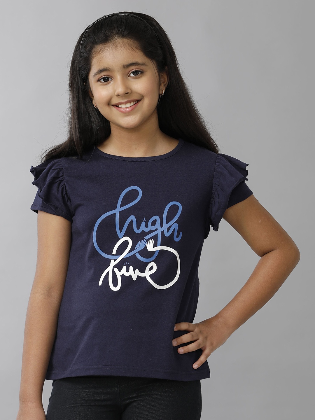 UNDER FOURTEEN ONLY Girls Typography Printed Pockets T-shirt, Navy blue