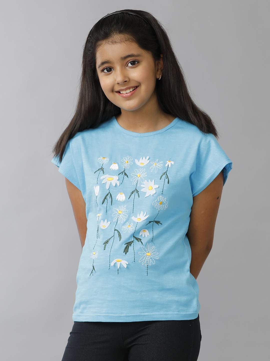 

UNDER FOURTEEN ONLY Girls Floral Printed Round Neck Cotton T-shirt, Blue