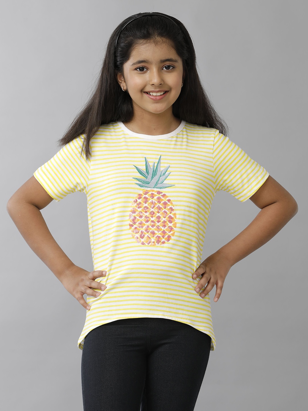 

UNDER FOURTEEN ONLY Girls Striped Round Neck Cotton T-shirt, Yellow