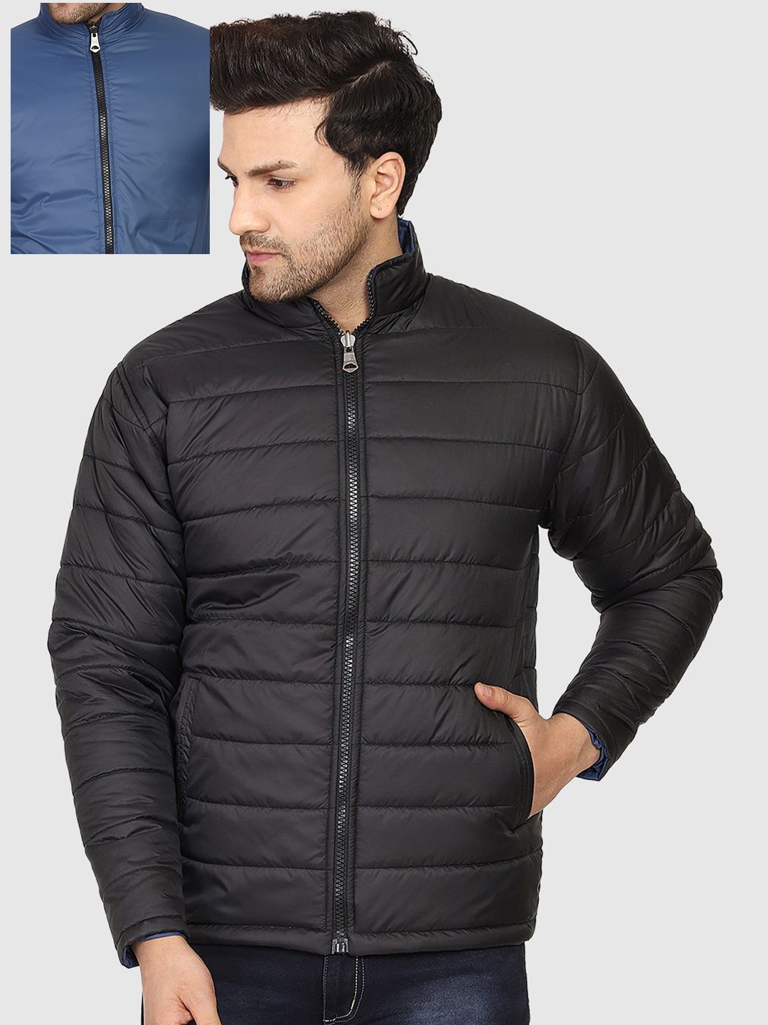 

Mark Leute Men Mock Collar Solid Casual Reversible Padded Jacket, Black