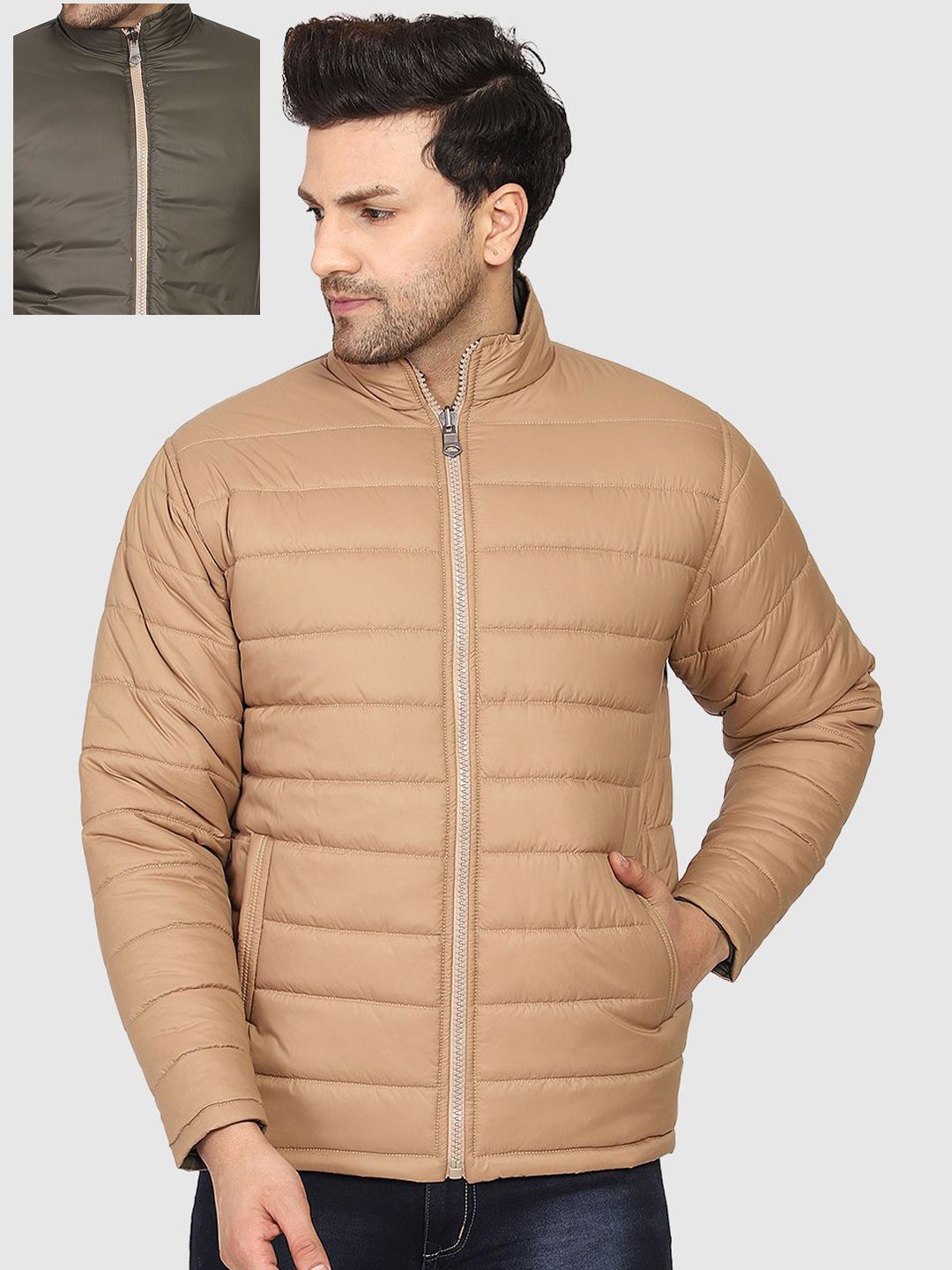 

Mark Leute Men Mock Collar Solid Casual Padded Reversible Jacket, Khaki