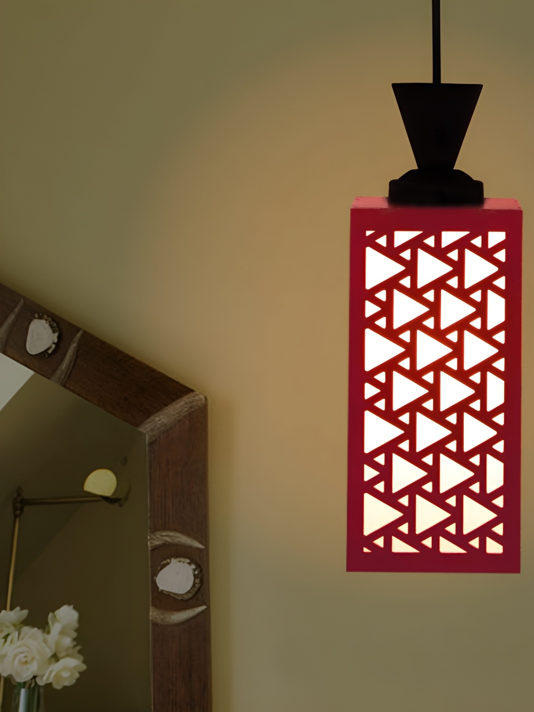 

Gojeeva Red & White Textured Rectangle Shaped Contemporary Wooden Hanging Wall Lamp