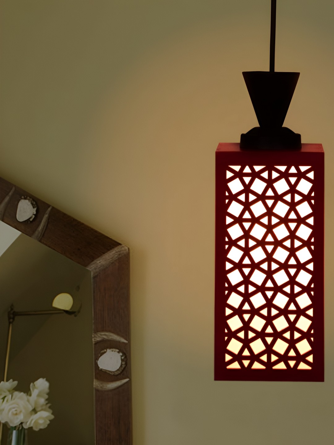 

Gojeeva Red & Black Textured Rectangle Shaped Contemporary Wooden Hanging Wall Lamp