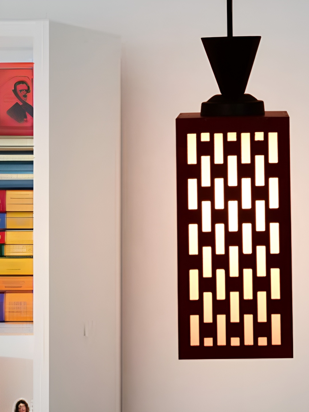 

Gojeeva Red & White Textured Wooden Rectangle Shaped Wall Hanging Lamp
