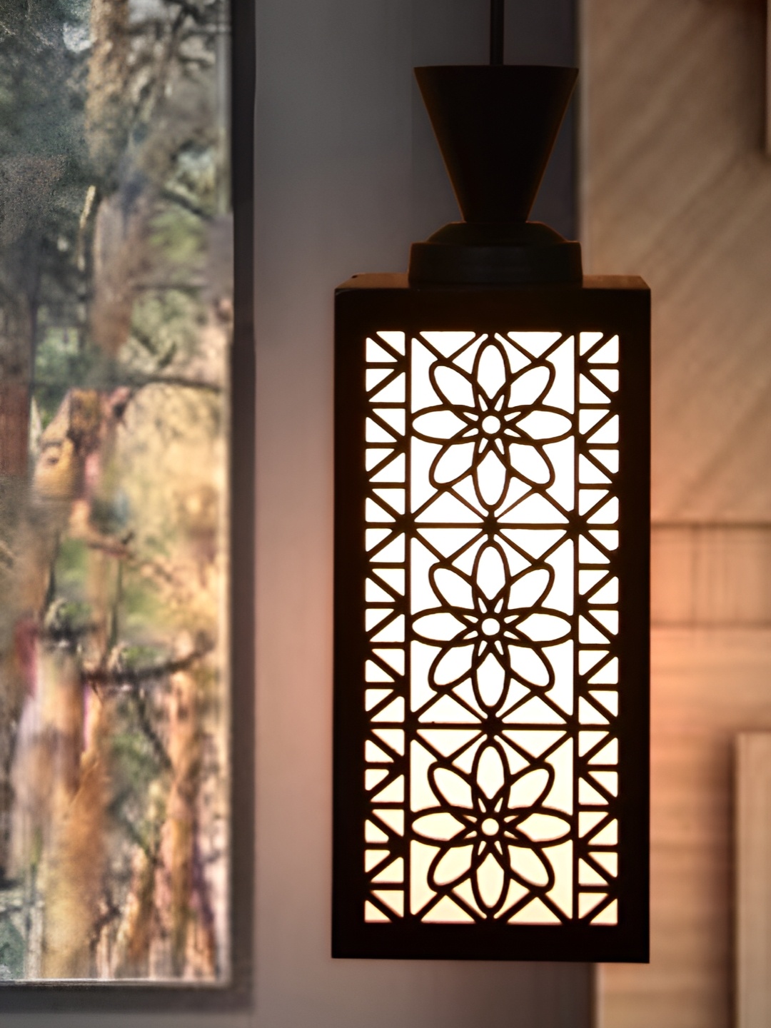 

Gojeeva Black & White Textured Wooden Rectangle Shaped Ceiling Lamp