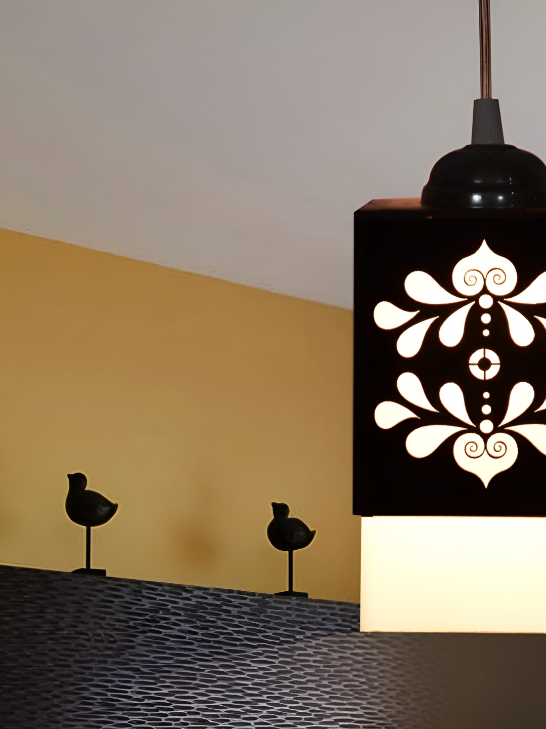 

Gojeeva Black & White Textured Wooden Square Shaped Ceiling Lamp