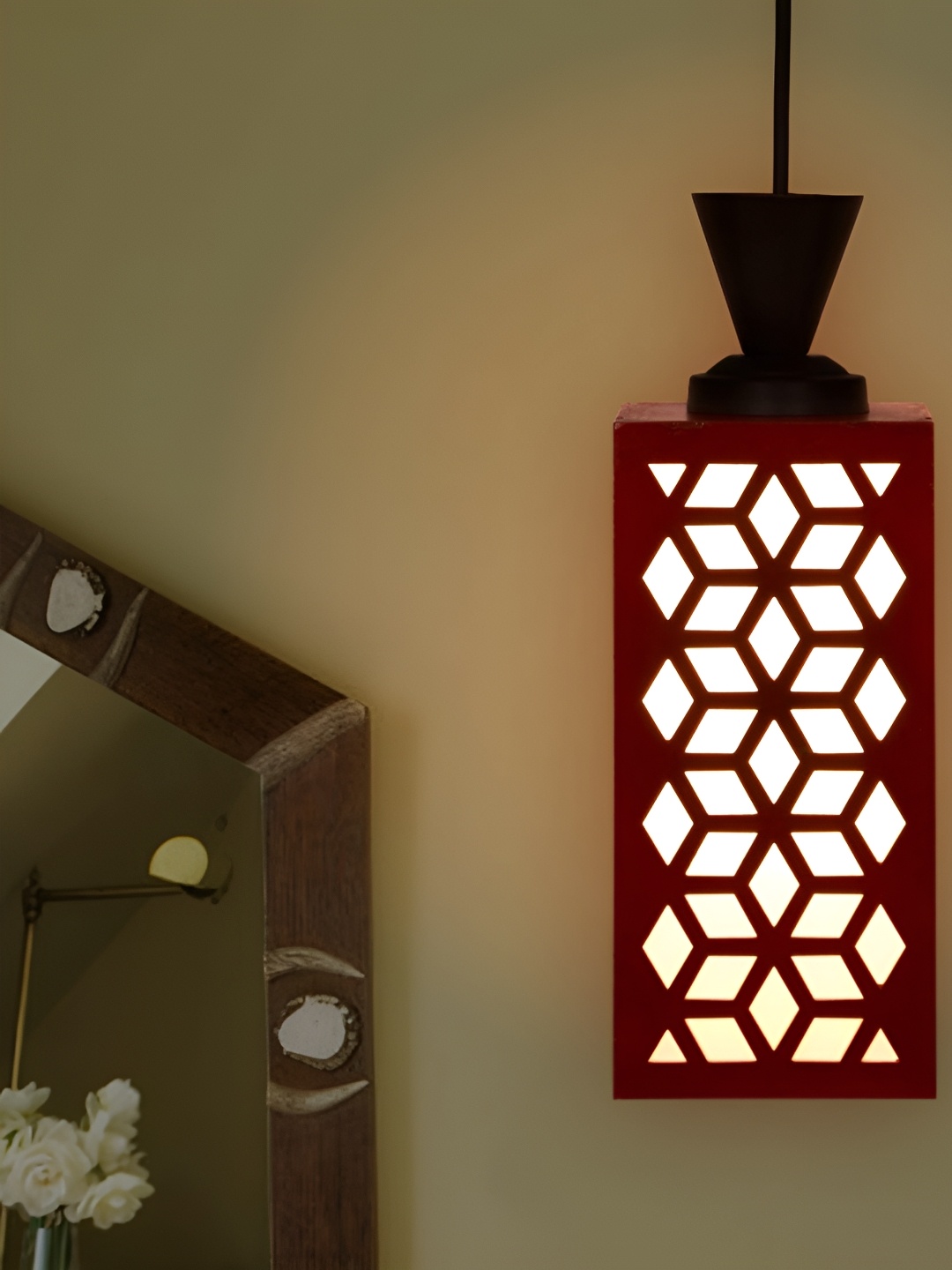 

Gojeeva Red & White Textured Wood Square Shaped Wall Lamp