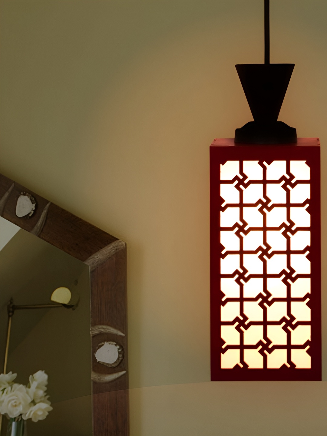 

Gojeeva Red & White Textured Wood Square Shaped Wall Lamp