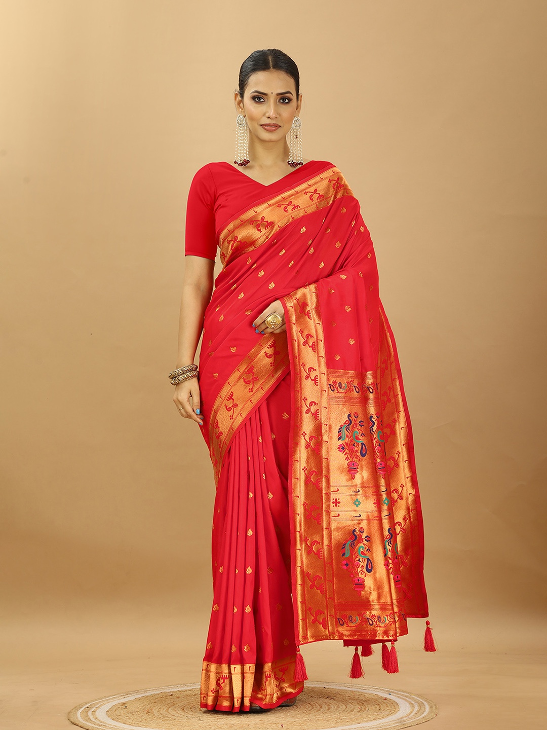

SWAMI STUDIO Woven Design Zari Pure Silk Paithani Saree, Red