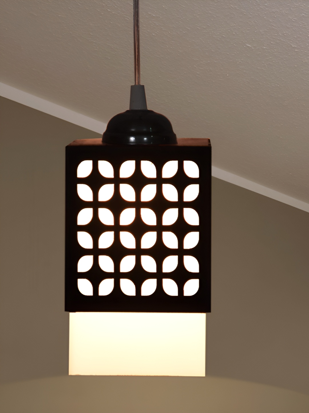 

Gojeeva Black & White Textured Wooden Square Shaped Wall Hanging Lamp