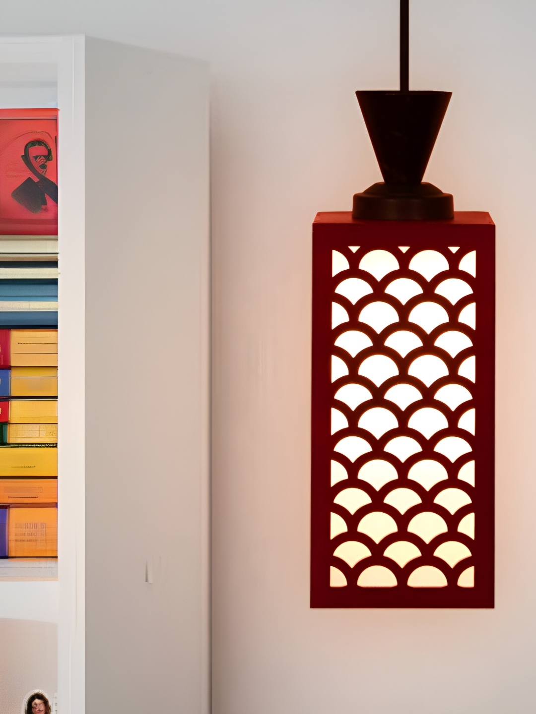 

Gojeeva Red & White Textured Wooden Rectangle Shaped Hanging Ceiling Lamp