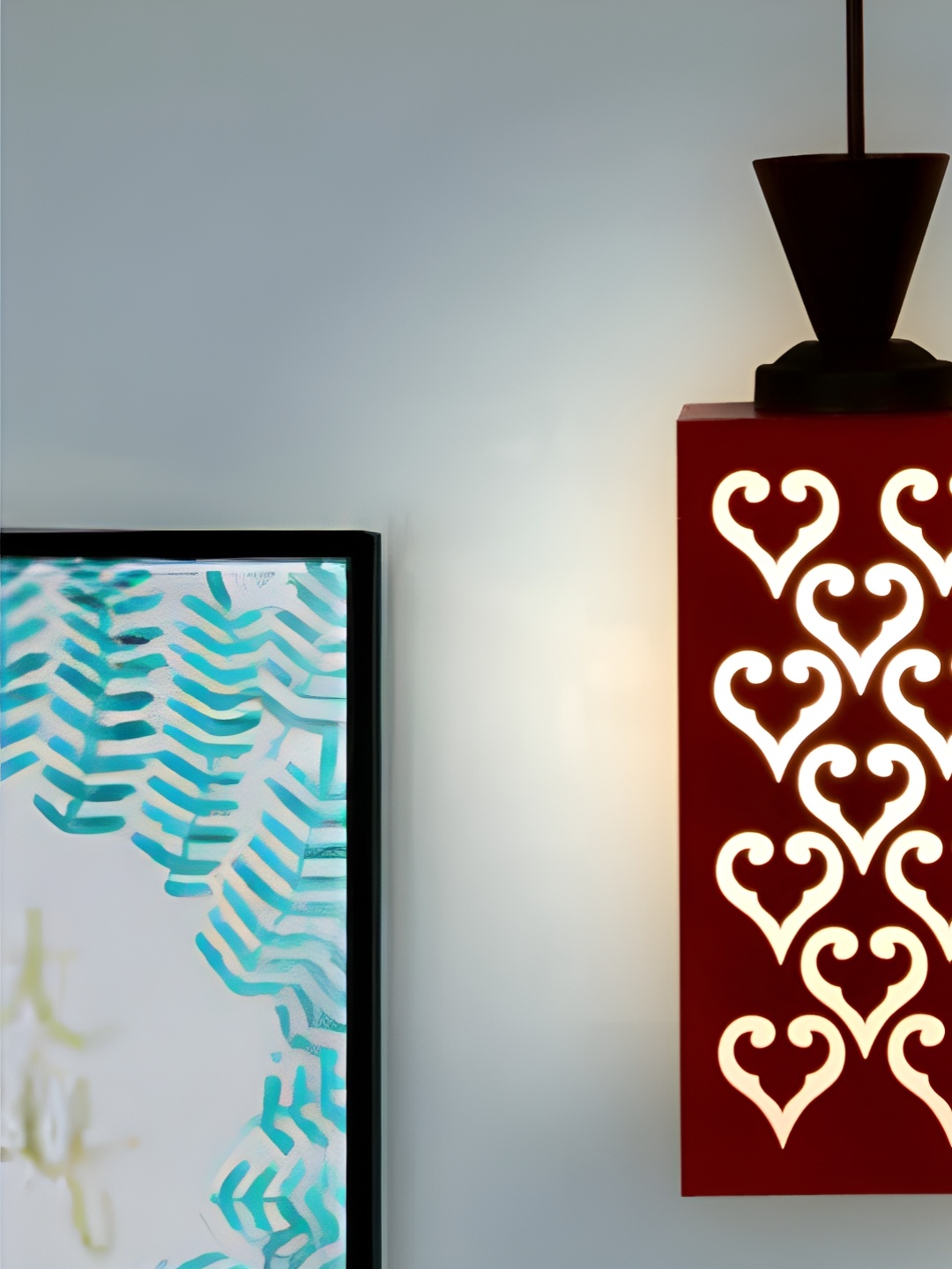 

Gojeeva Red & Black Textured Rectangle Shaped Wooden Hanging Wall Lamp
