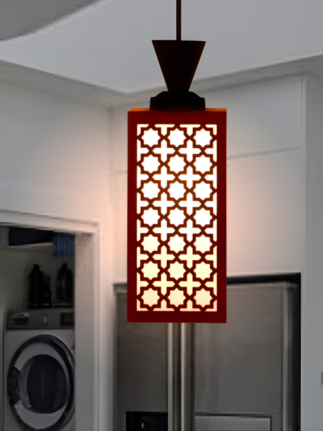 

Gojeeva Red & White Textured Rectangle Shaped Contemporary Wooden Hanging Wall Lamp