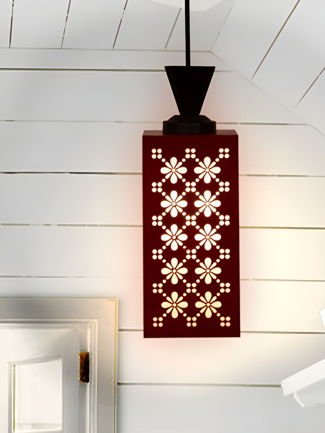 

Gojeeva Red & White Textured Rectangle Shaped Contemporary Wooden Hanging Wall Lamp