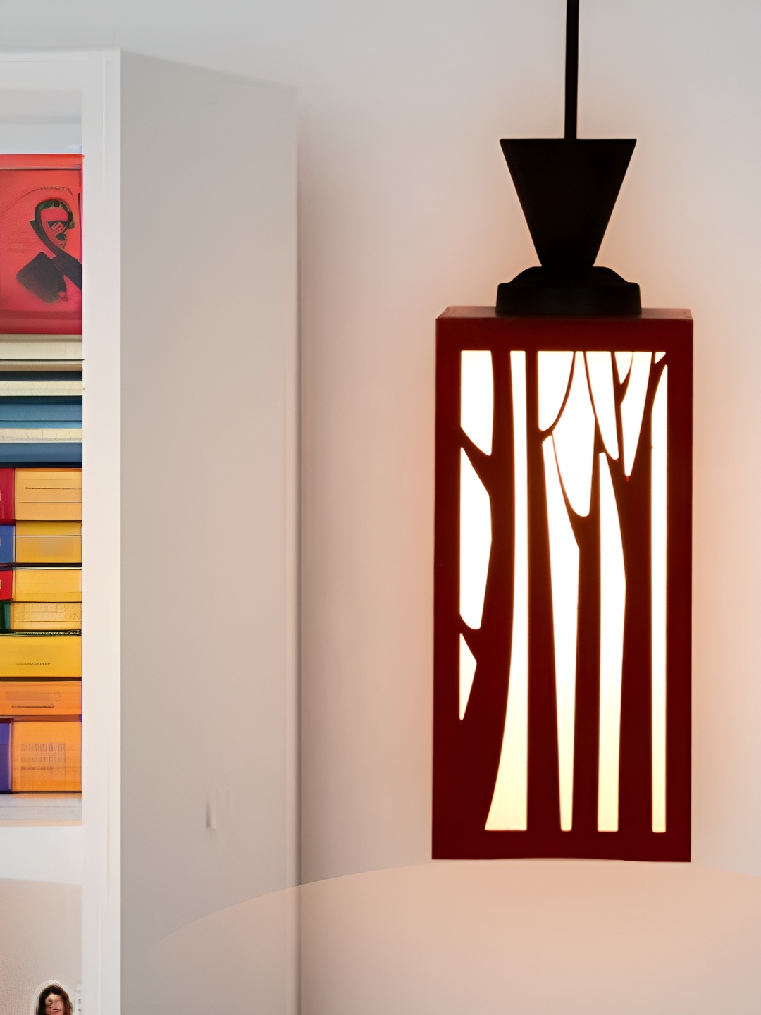 

Gojeeva Red & White Textured Wooden Rectangle Shaped Wall Hanging Lamp