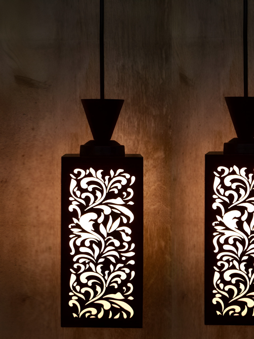 

Gojeeva Black & White 2 Pieces Floral Textured Rectangle Shaped Wooden Hanging Wall Lamps