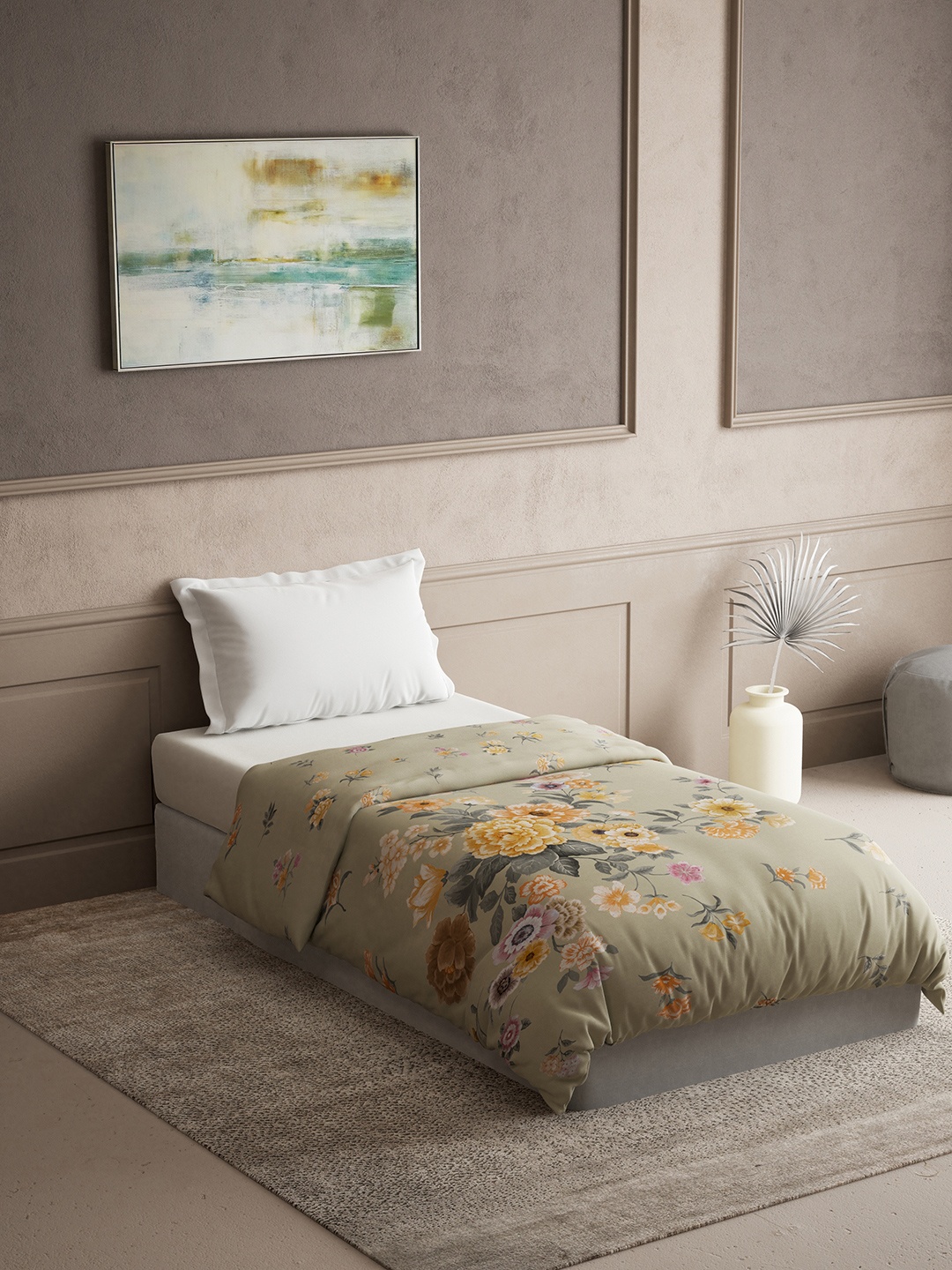 

DDecor Green & Orange-Coloured Floral Pure Cotton 300 GSM Heavy Winter Single Bed Quilt
