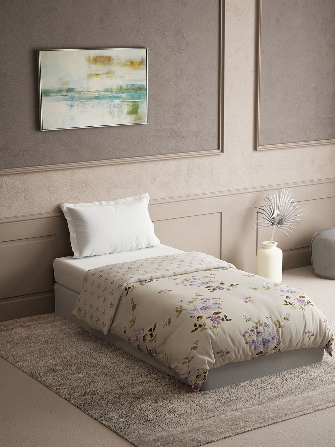 

DDecor Beige & Purple Floral Pure Cotton 300 GSM Heavy Winter Single Bed Quilt