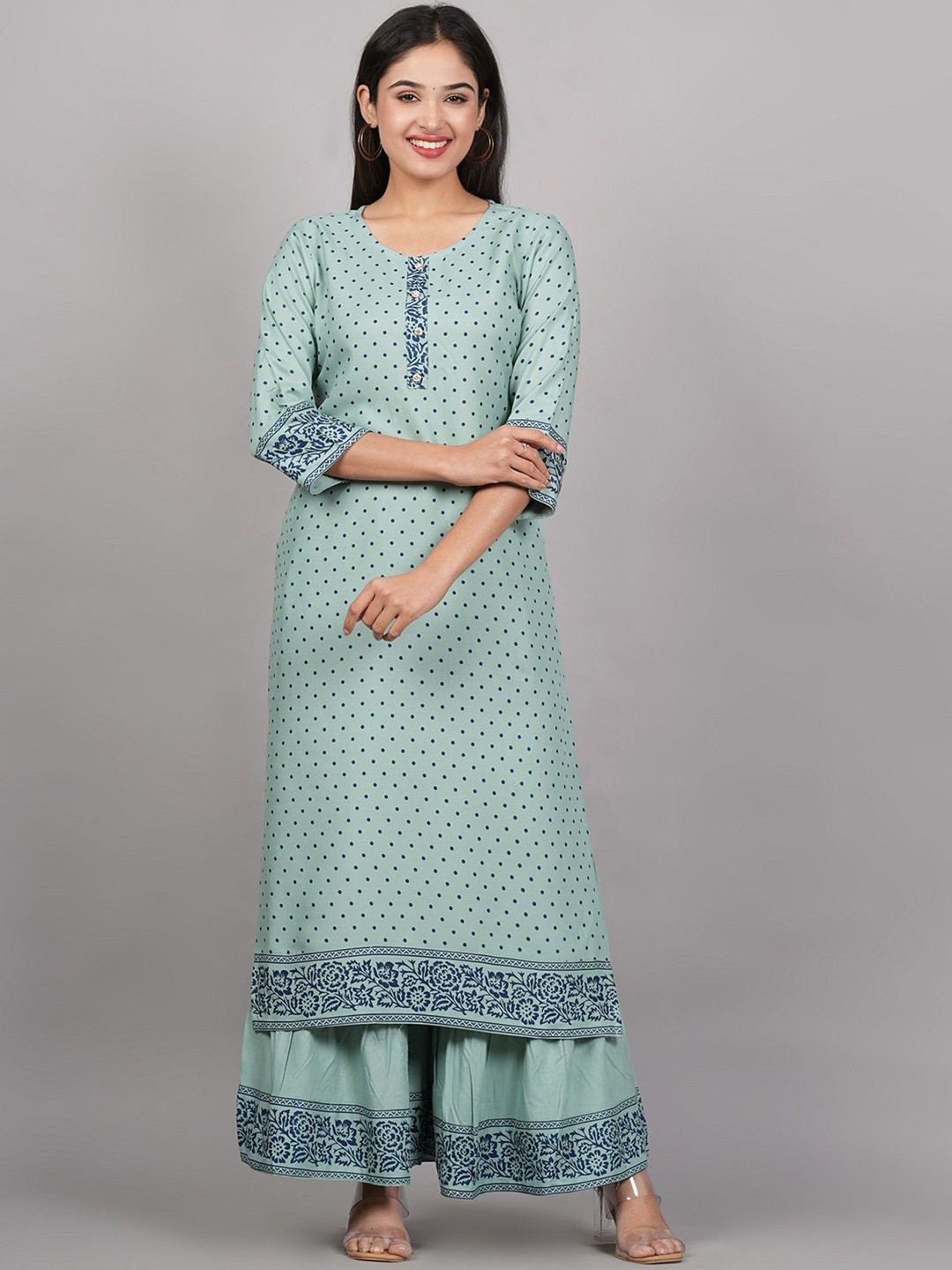 

ANNAYEMA APPARELS Ethnic Motifs Printed Round Neck Straight Kurta with Sharara, Green