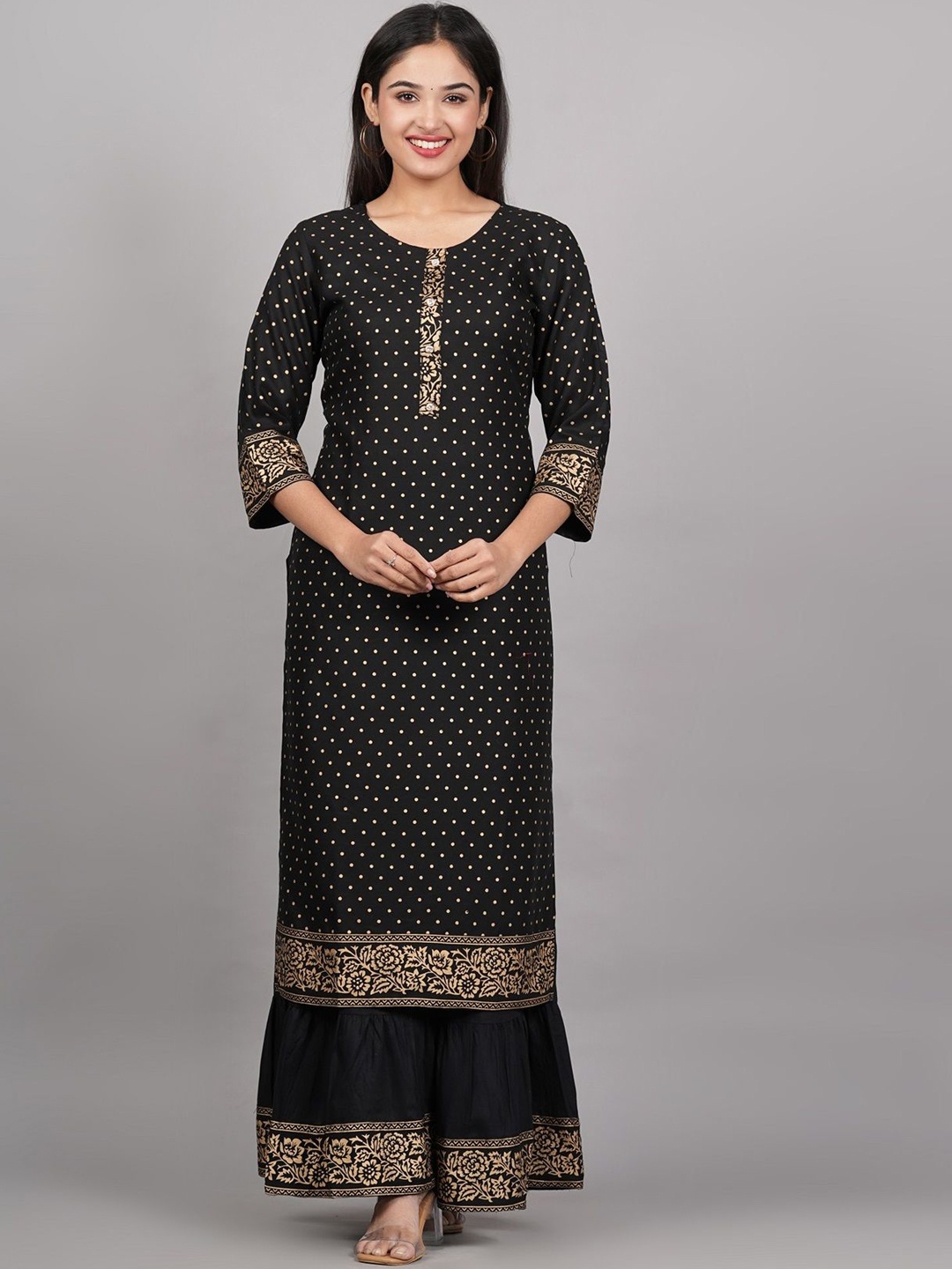 

ANNAYEMA APPARELS Ethnic Motifs Printed Round Neck Straight Kurta With Sharara, Black