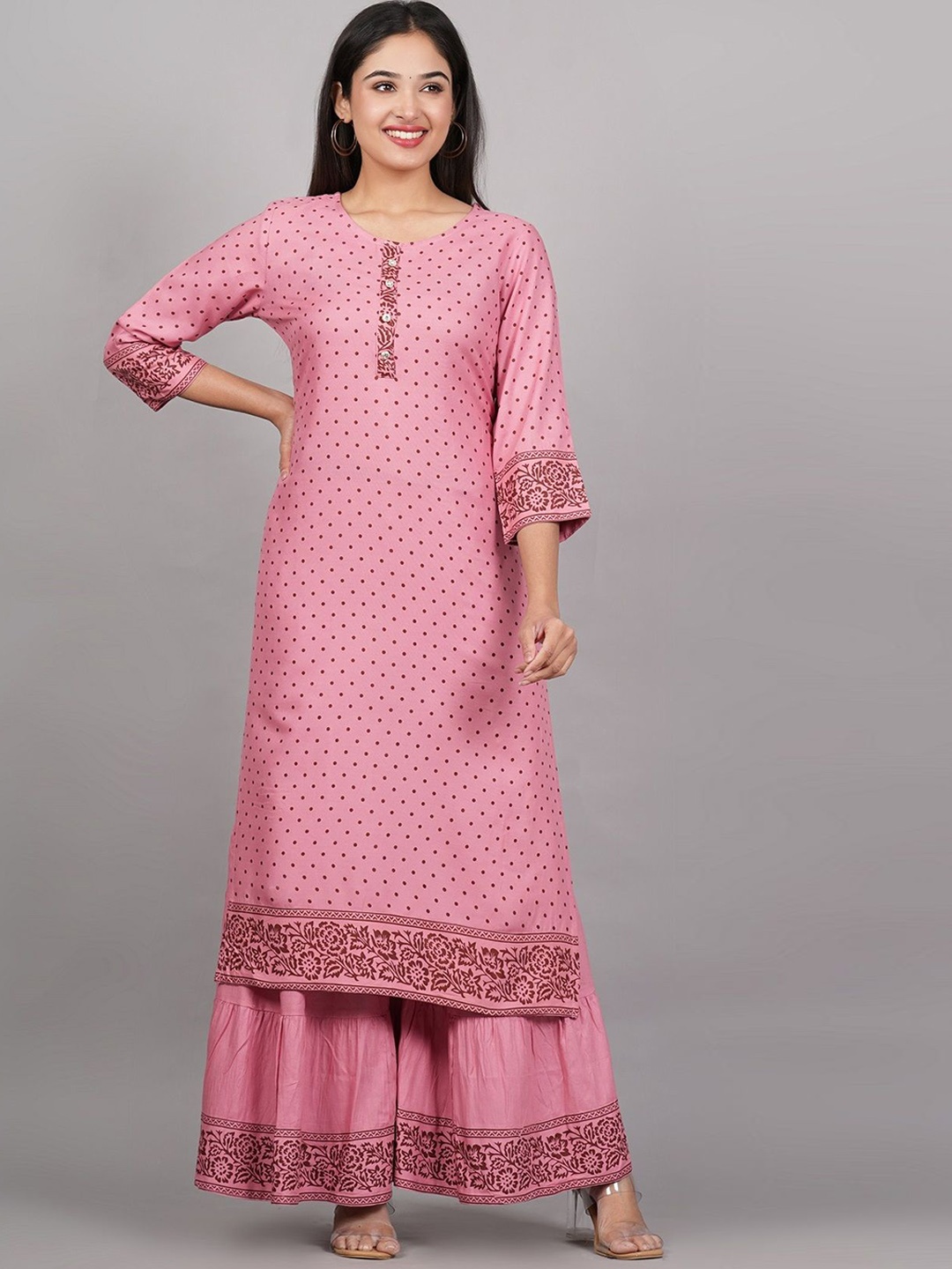 

ANNAYEMA APPARELS Ethnic Motifs Printed Round Neck Straight Kurta With Sharara, Pink