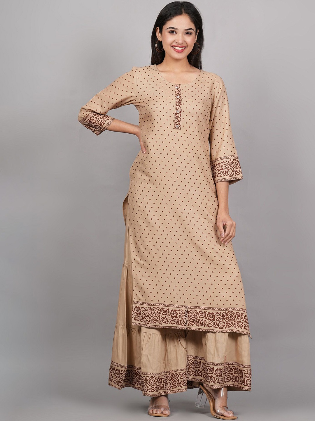 

ANNAYEMA APPARELS Ethnic Motifs Printed Round Neck Straight Kurta with Sharara, Beige