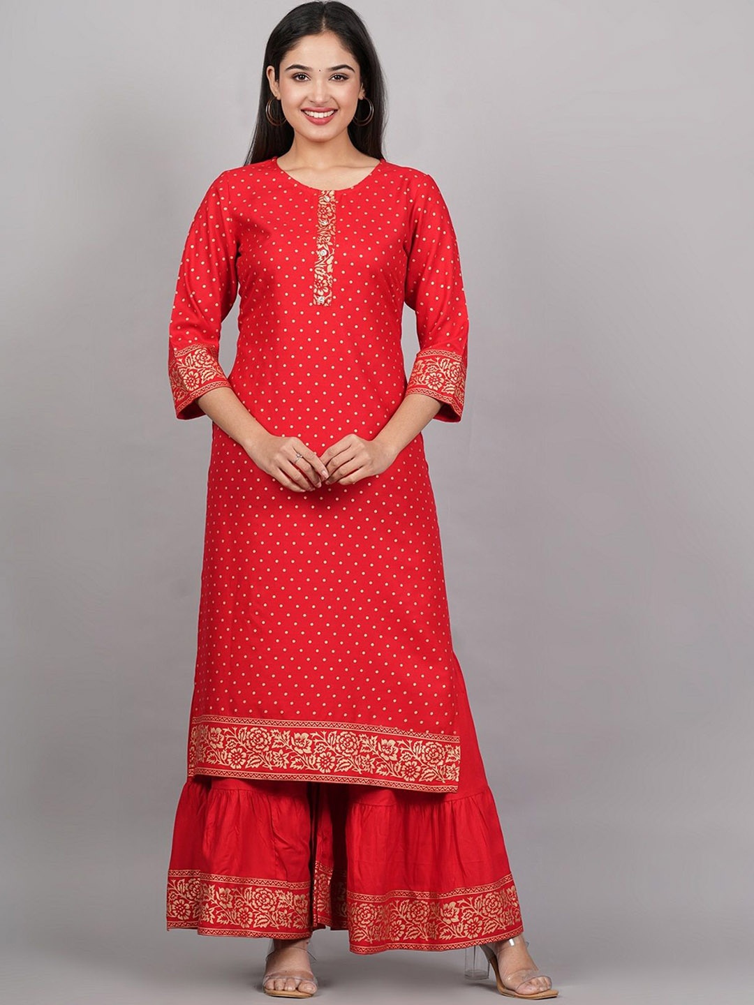 

ANNAYEMA APPARELS Ethnic Motifs Printed Round Neck Straight Kurta with Sharara, Red