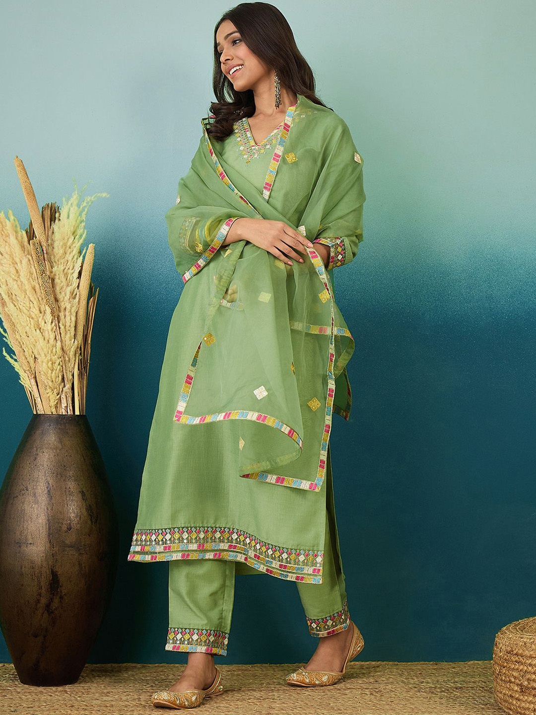 Kvsfab Floral Printed V-Neck Thread Work Straight Kurta With Trousers & Dupatta, Green