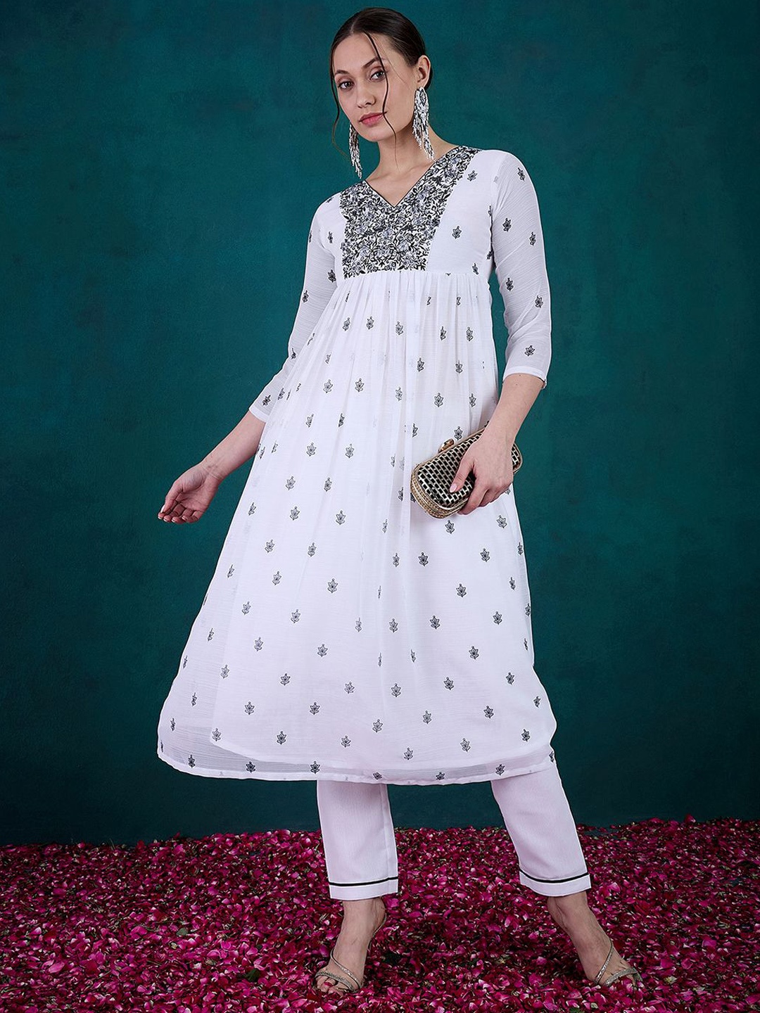 

Kvsfab Floral Embroidered V-Neck Georgette A-Line Kurta With Trousers & Dupatta, White