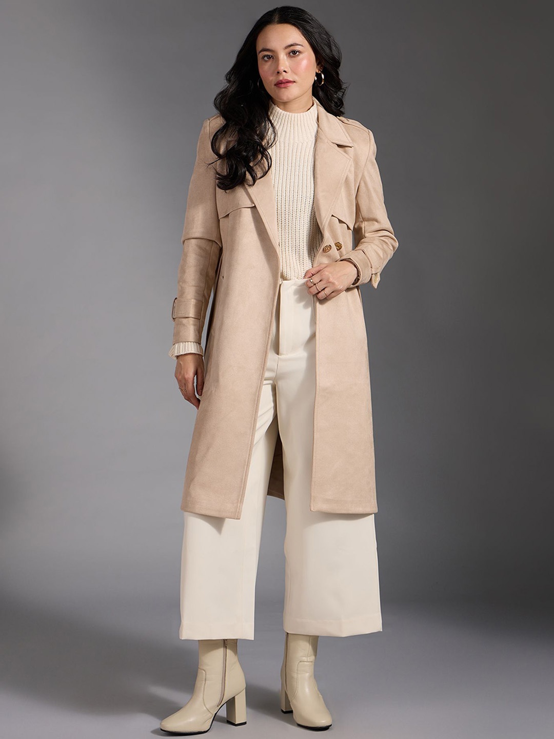 

20Dresses Women Lapel Collar Double Breasted Midi Overcoat With Belt, Off white