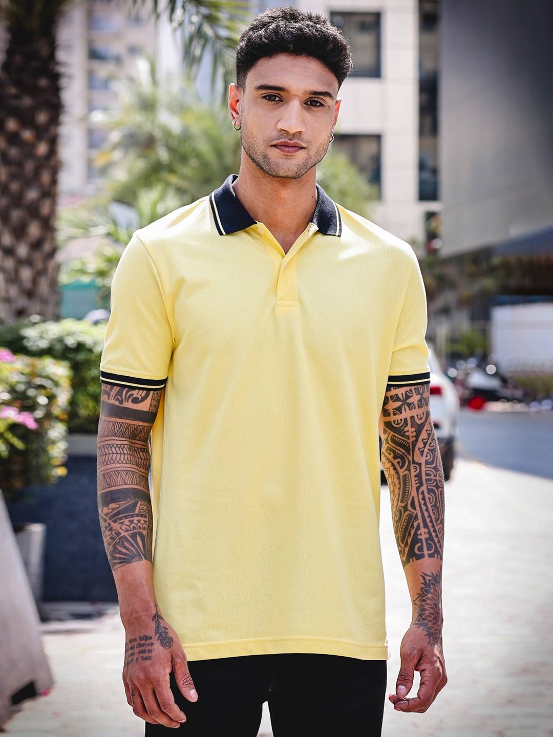 

ONE SKY Men Solid Polo Collar Cotton T-shirt, Yellow