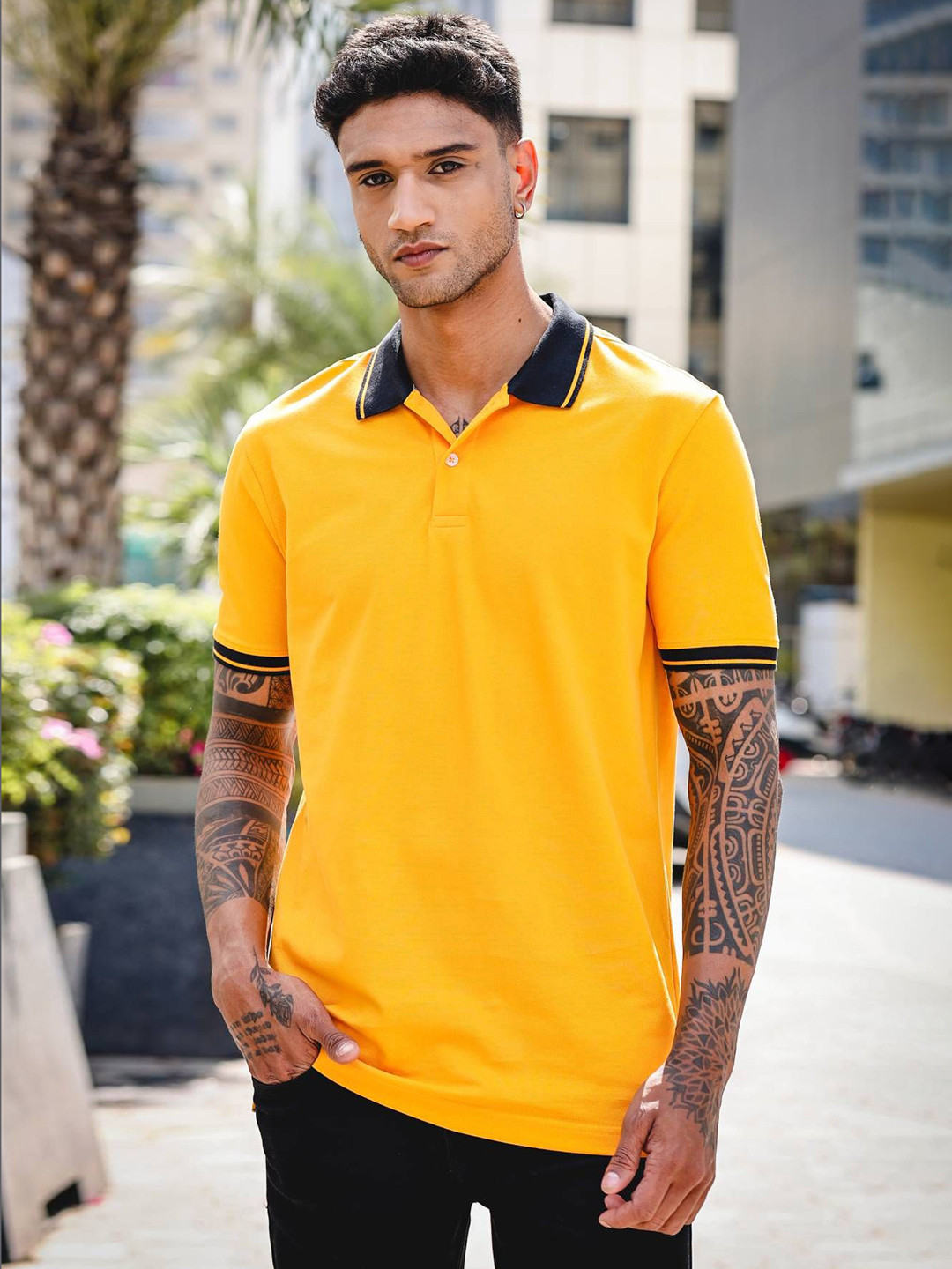 

ONE SKY Men Solid Polo Collar Cotton T-shirt, Yellow