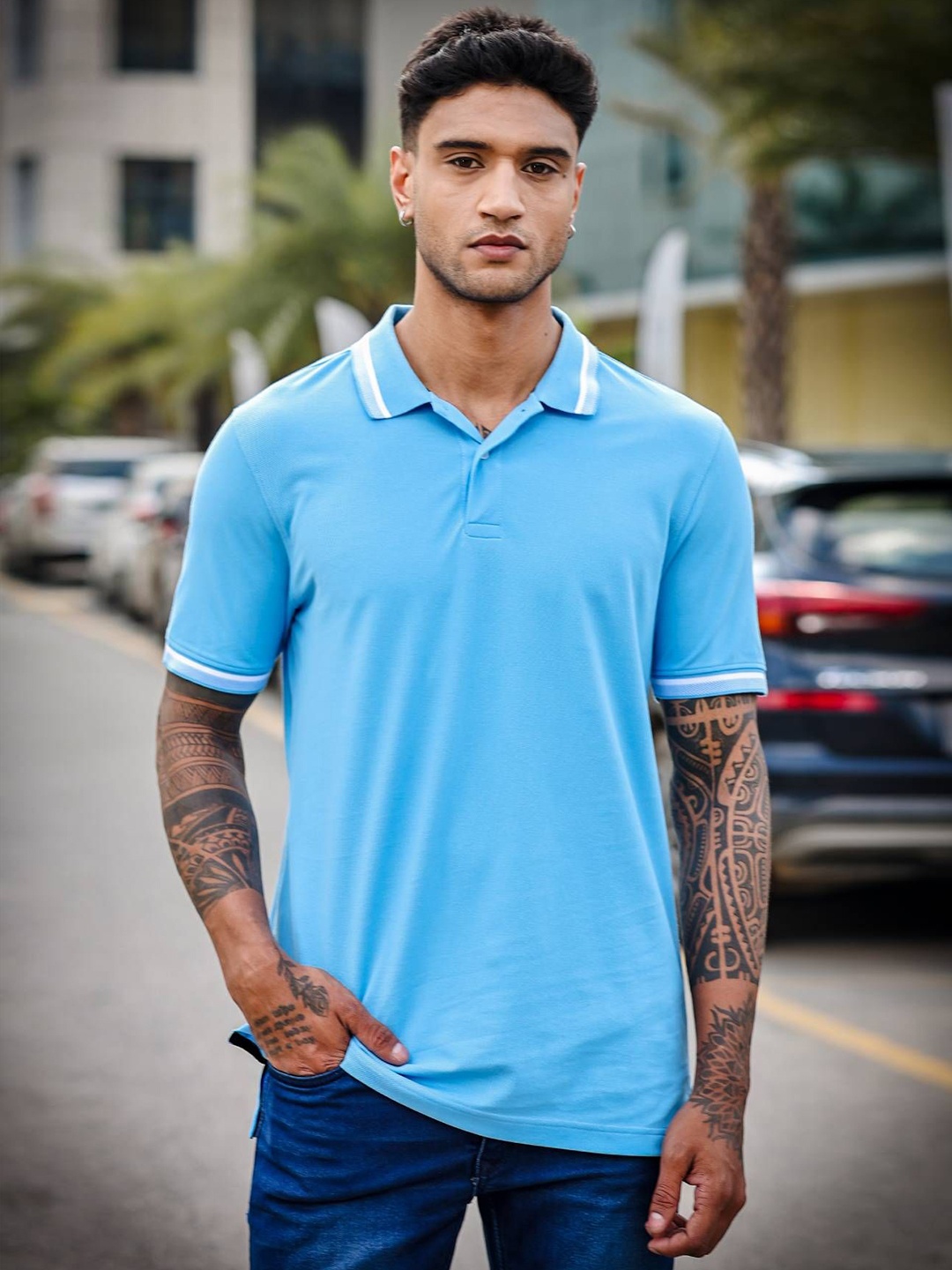 

ONE SKY Men Solid Polo Collar Cotton T-shirt, Blue