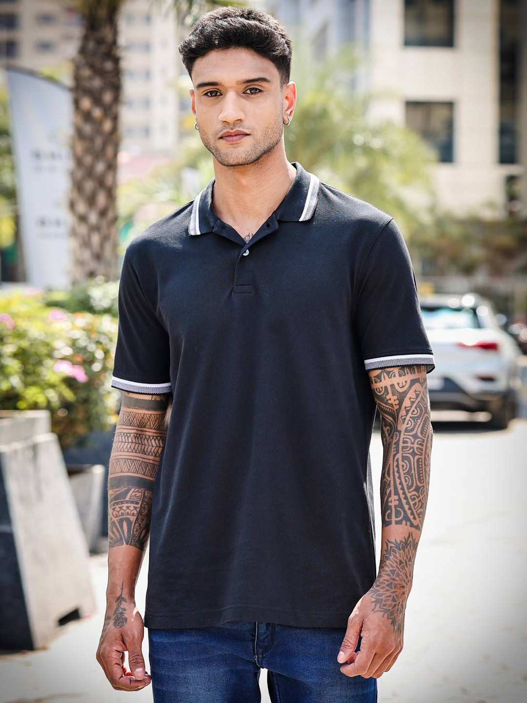 

ONE SKY Men Solid Polo Collar Cotton T-shirt, Navy blue