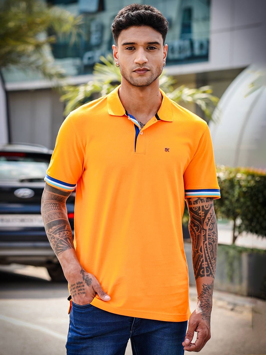 

ONE SKY Men Solid Polo Collar Cotton T-shirt, Orange