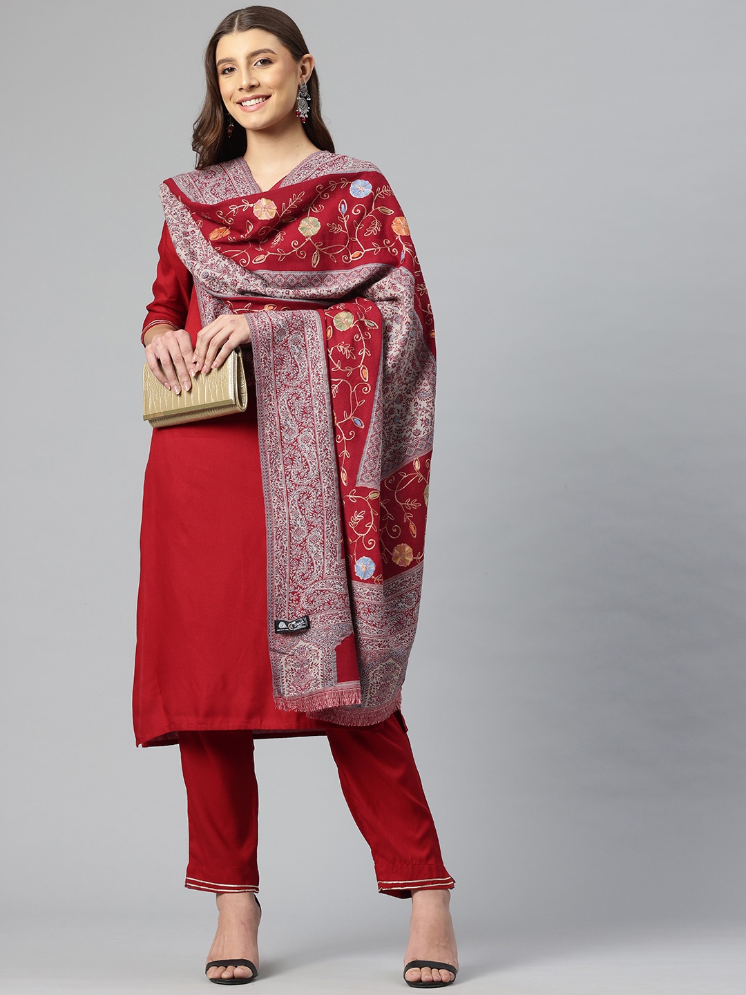 

SWI Stylish Floral Embroidered Woollen Shawl, Red