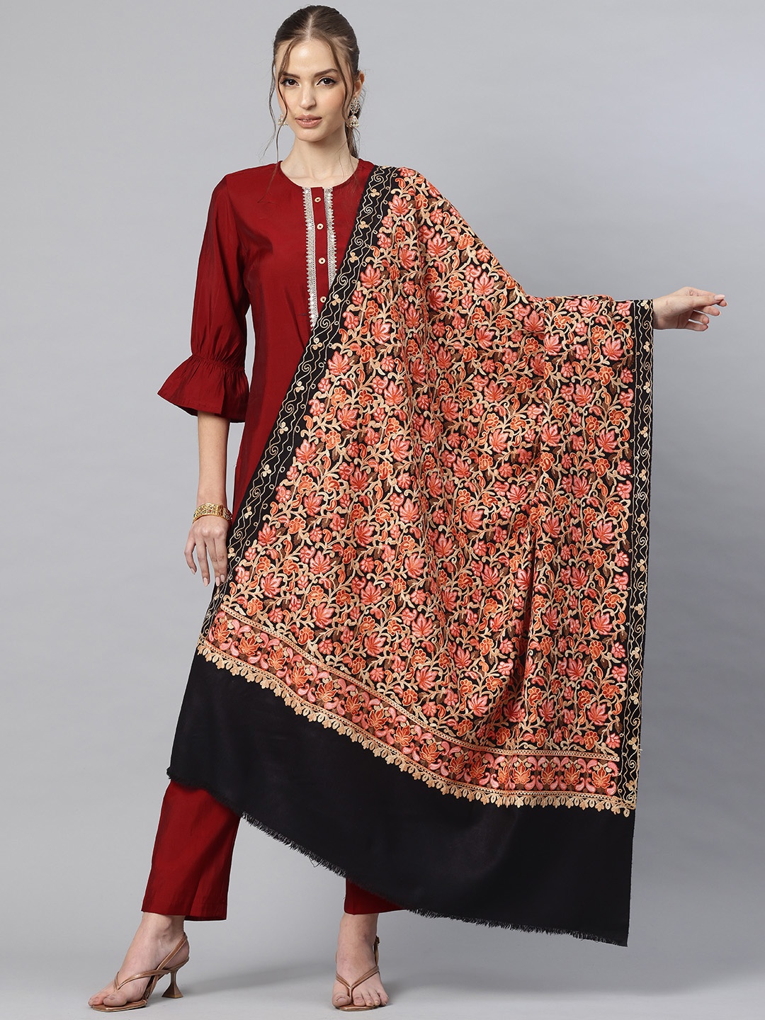 

SWI Stylish Floral Aari Embroidered Shawl, Black